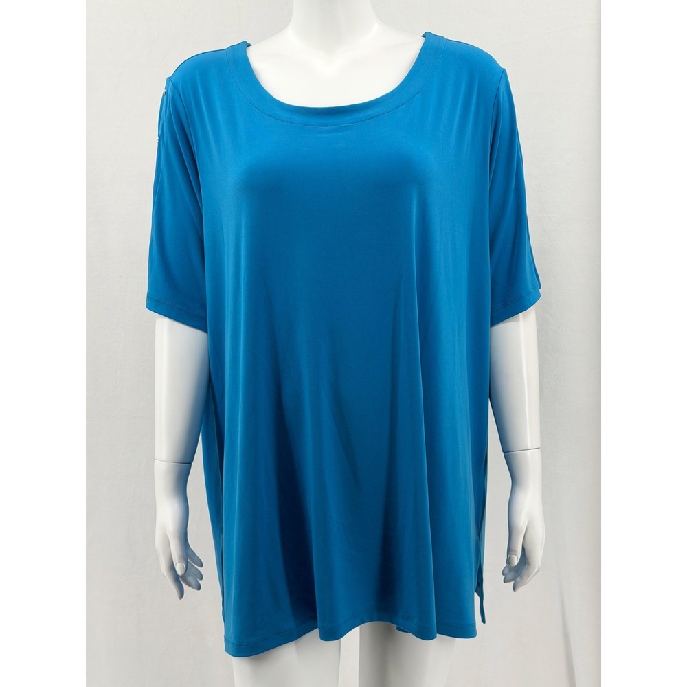 Susan Graver‎ Top Womens 2X Blue Short Sleeve Stretch Liquid Knit Mature Staple